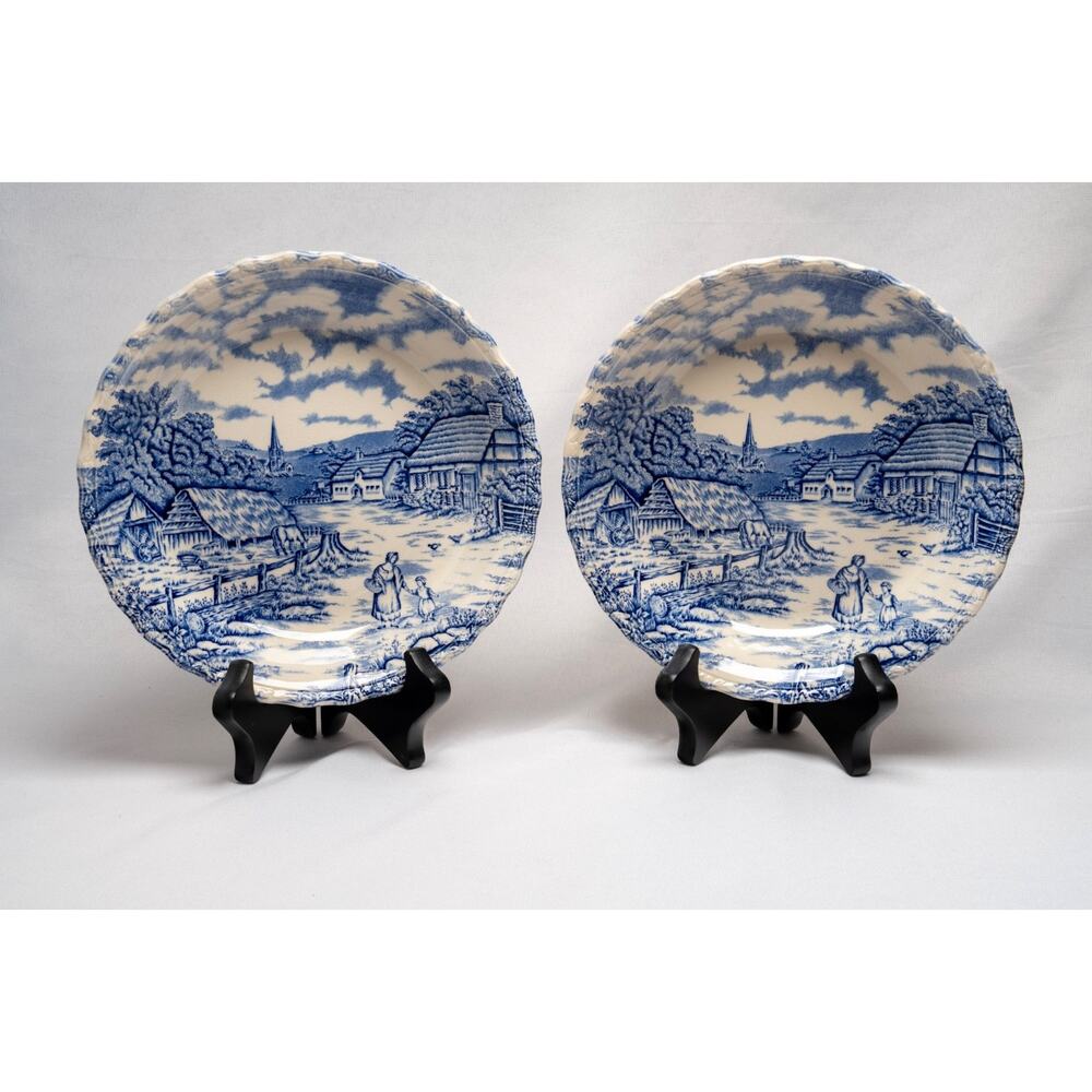 Myott Rural Scene Blue Transferware Soup Bowls 7.5” Pair England Vintage